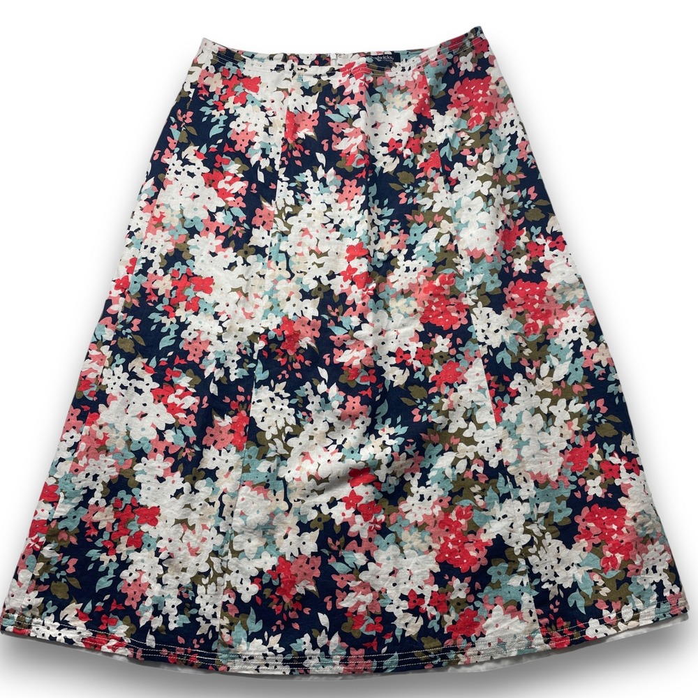 Chadwicks of Boston Floral Linen Blend Midi A-Line Skirt Navy Red White Size 12